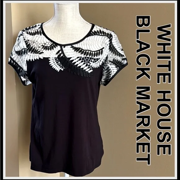 WHITE HOUSE BLACK MARKET-Black/White Lace Detail Top-Cap Sleeves-Knit Body Sz M - Picture 1 of 12
